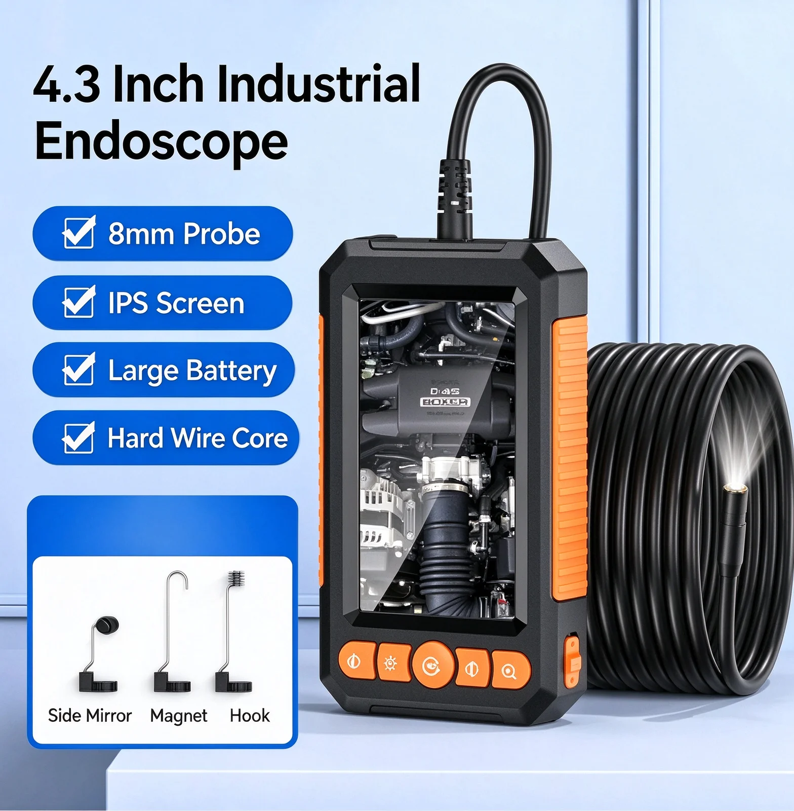 4.3 Inch IPS Endoscope Camera 1080P Dual Lens Borescope 8mm IP67 Waterproof Probe 8 LED Lights 2000mAh Semi-Rigid Cable Inspecti