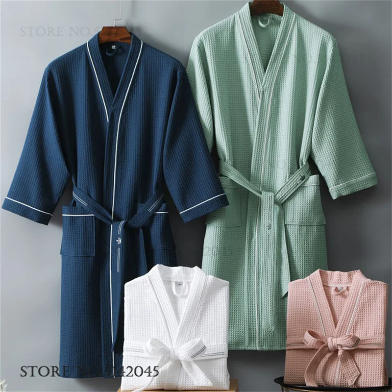

100% хлопок, вафельная одежда для сна для пар, халат, весна-осень, новое кимоно, халат, свободная повседневная домашняя одежда с карманами, домашняя одежда