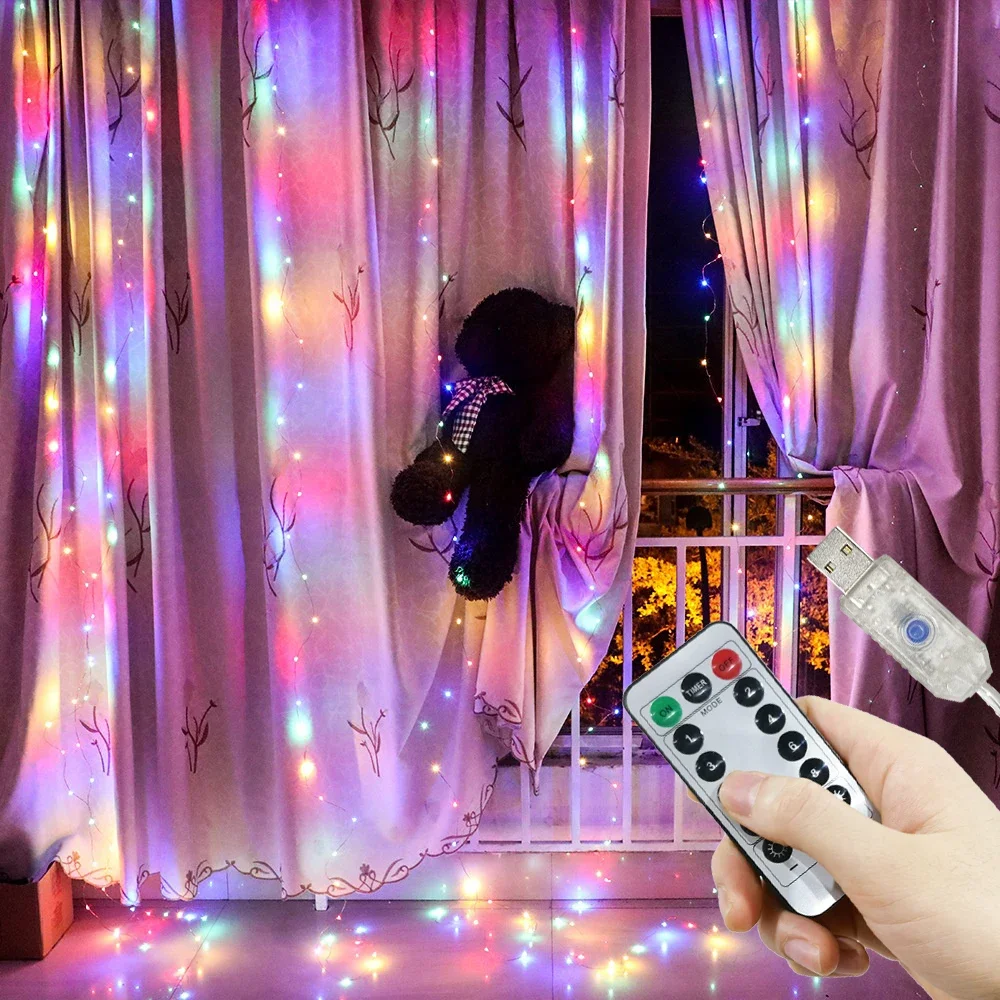 LED 8 Modes Fairy Garland Lights Christmas Home Decoration USB Curtain String Lights with Remote Control for Bedroom Wedding