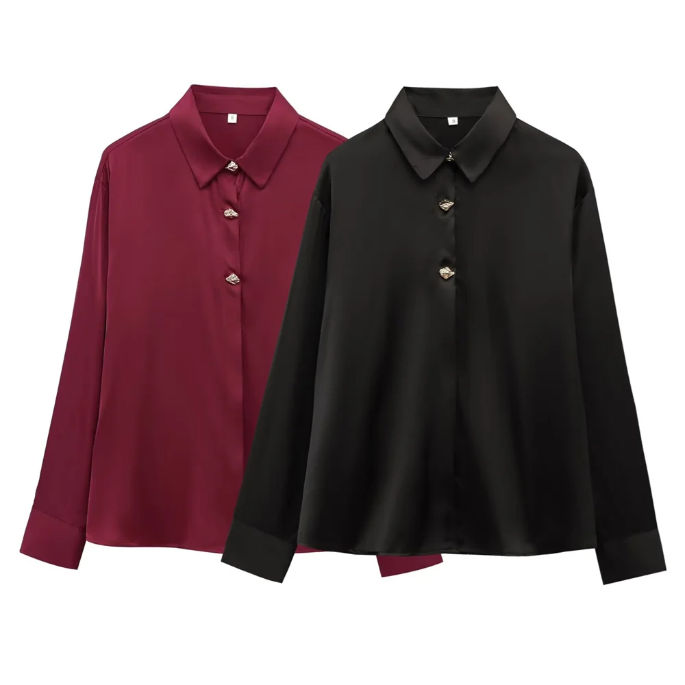 女性用ゴールドブレステッドシルクテクスチャードシャツ、長袖襟付き、春夏新作カジュアル婦人服