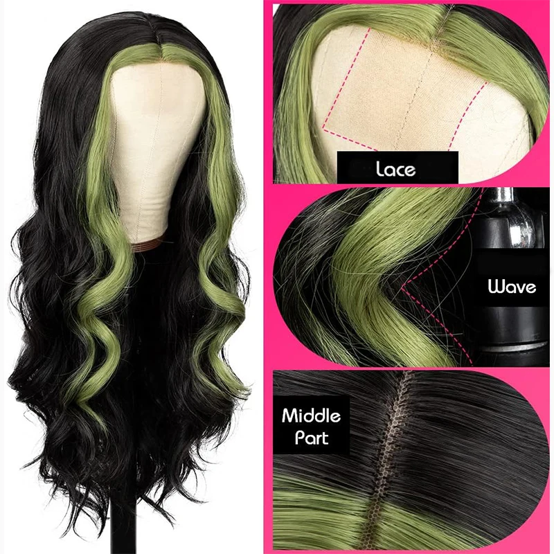 28 inch High Gloss Green Wavy Lace Front Wig, Middle Parted Wavy Synthetic Wig Lace Front Wig