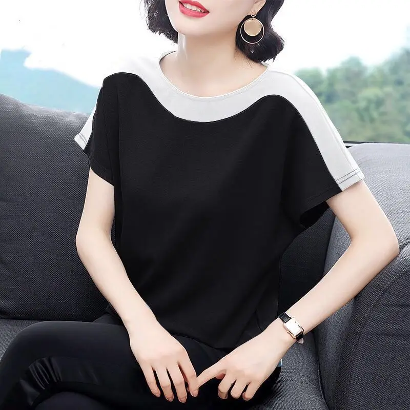 

Contrast Patchwork Loose T Shirts Summer New Short Sleeve Plus Size All-match Casual Tops Tees Vintage Fashion Women Clothing