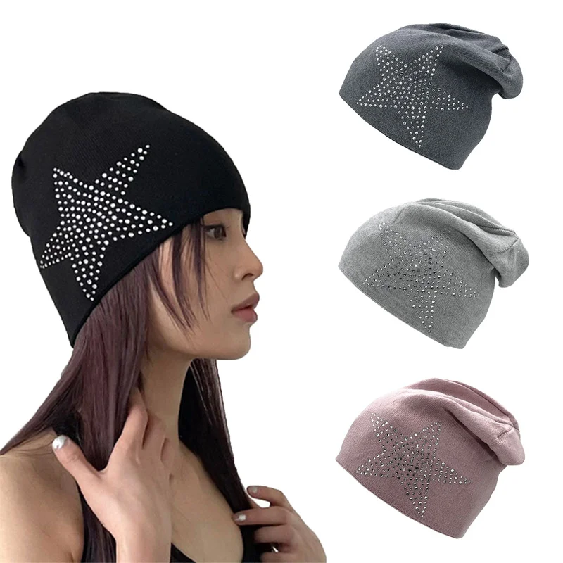 Women Fall Winter Warm Beanie Hat Rhinestone Star Print Fashion Skating Camping Hip Hop Streetwear Caps