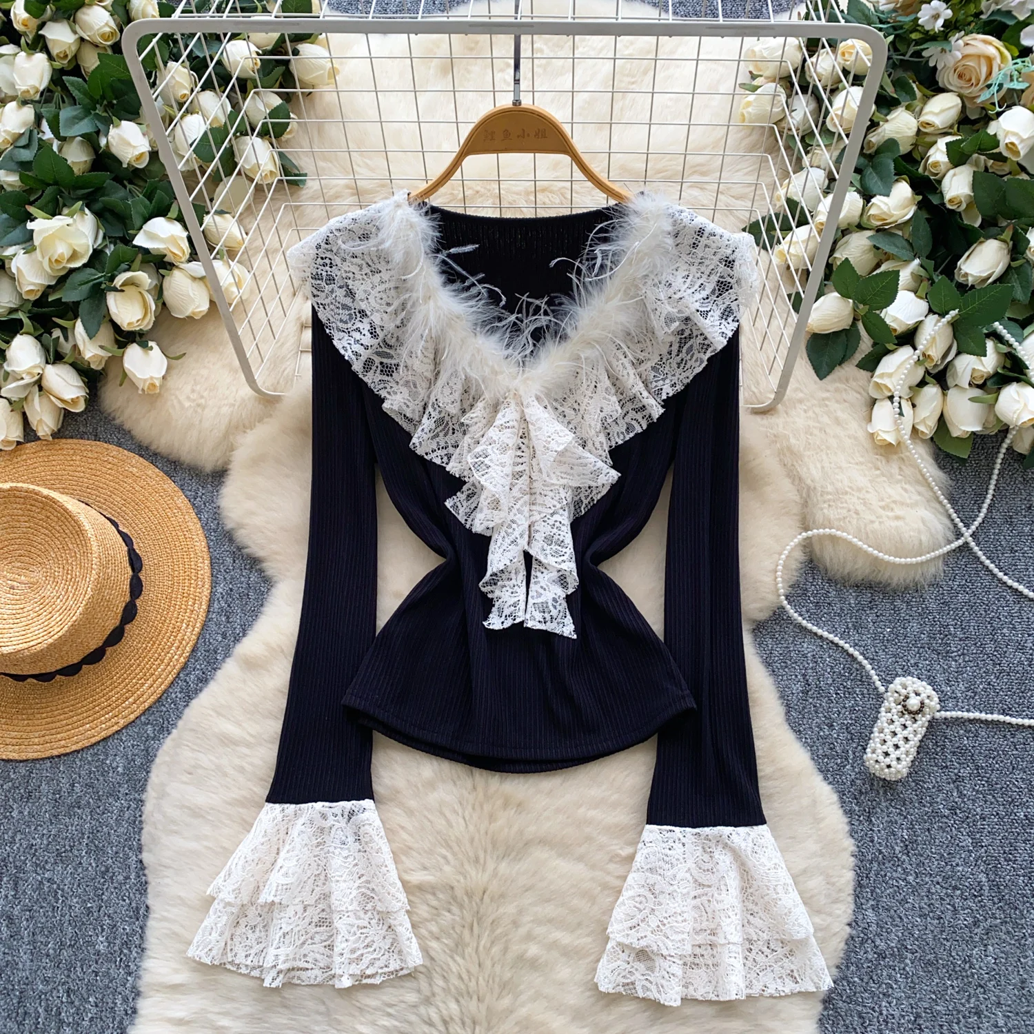 

Women Sweet Korean Trendy Winter Tops Shirts Lady Patchwork V Neck Flare Sleeve Shirts Pullovers Elegant Fur Lace Ruffles Tops