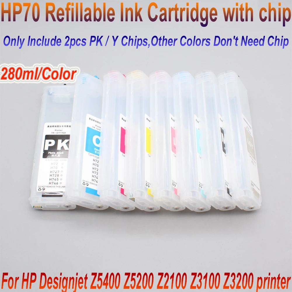 130ml 280ml 8Colors HP 70 Refill Ink Cartridge With Auto Reset Chip For HP Designjet Z2100 Z5200 Inkjet Plotter permanent chip