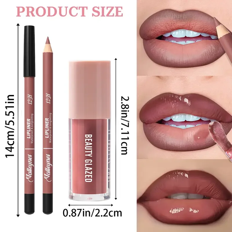 2pcs Waterproof Long-Lasting Matte Lip Makeup Set - Lip Liner & Glaze Combo with Pencil Texture, Red, Brown, Pink, Nude Tones