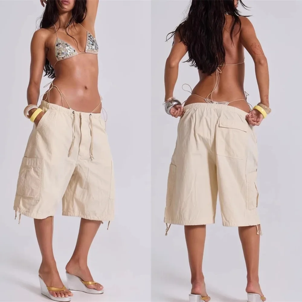 Trendy Y2K Low Waist Beige Cargo Shorts Oversized Adjustable Drawstring Large Pocket Casual Summer Street Wear For Women