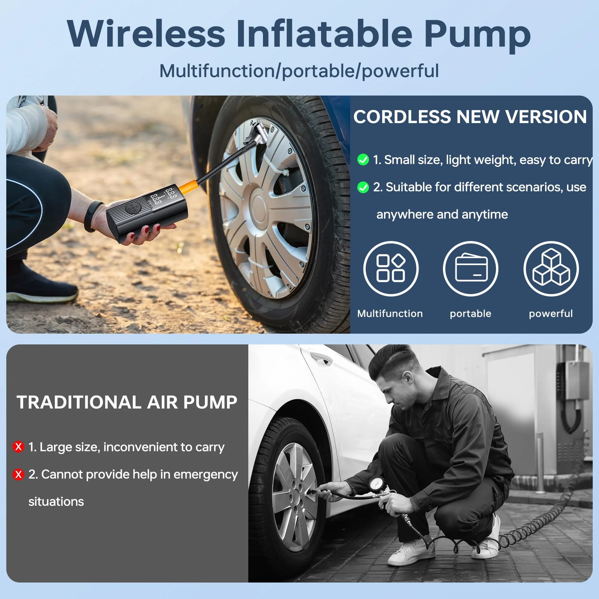 Tire Inflator Portable Air Compressor - 20000 mAh Rechargeable Air Pump -150 PSI Tire Inflation, Accurate LCD Display/Light，3X F