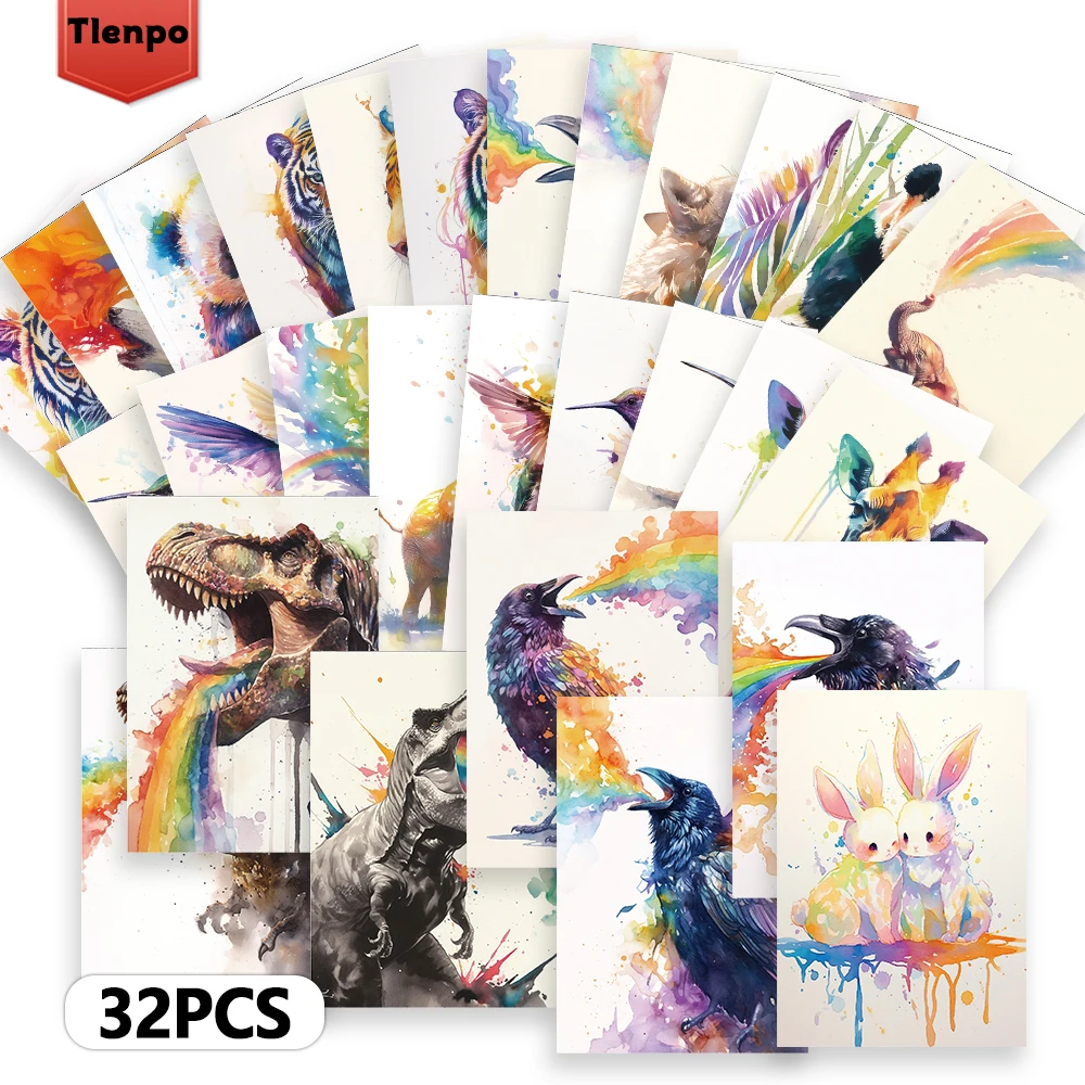 32 Stück, Aquarell-Tier-Regenbogen-Postkarten, Grußkarten, DIY-Postkarten, Dekorationen, geeignet zum Sammeln und Verschenken.