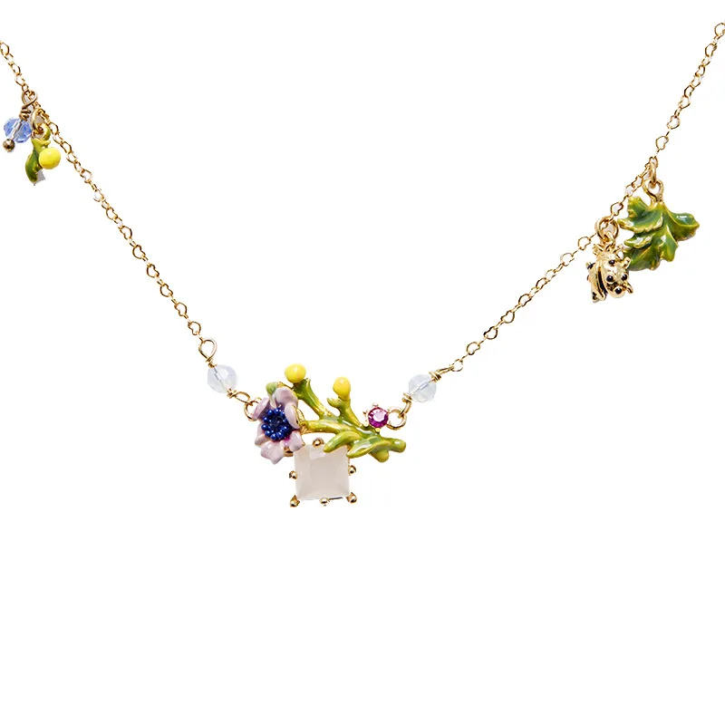 New Korean Exquisite Fashion Enamel Glaze Light Purple Flowers Green Leaf Ladybug Square White Jade Pendant Necklace Collarbone