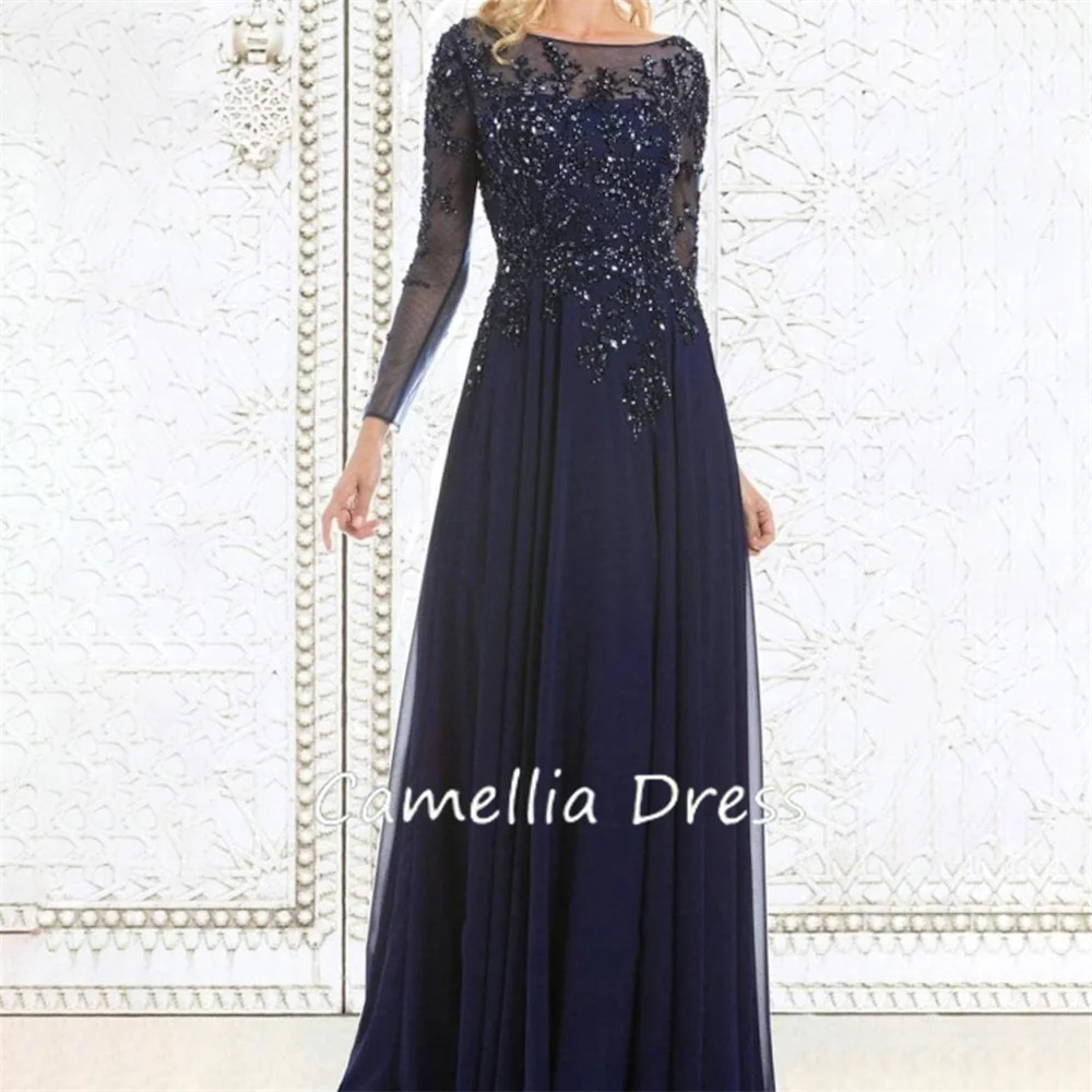 New Scoop Neck Mother Of The Bride Dress A-Line Floor Length Appliques Chiffon Formal Dresses Vestidos Mae Da Noiva Casamentos