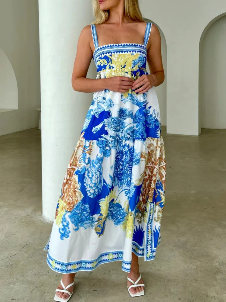 2025 zomermode nieuwe dames elegante riem bedrukte jurk strandvakantie stijl riem bareback a-lijn sexy jurk