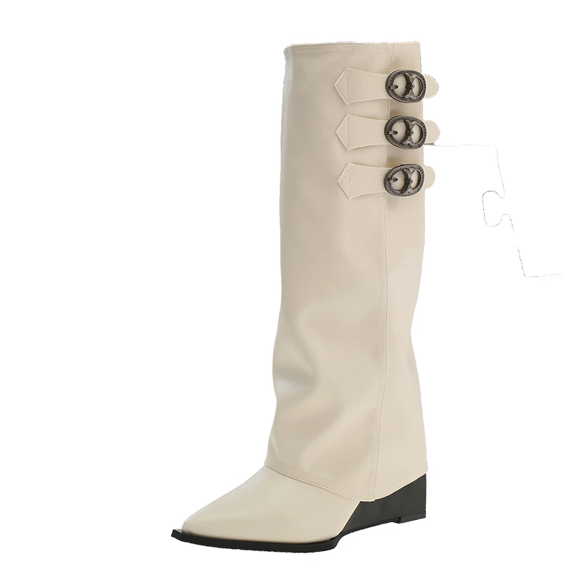Slim Women Knee High Boots Multi Metal Ring Buckle Decor Pointed Toe Wedge Heel Autumn Ladies Daily Leather Long Booties view 6