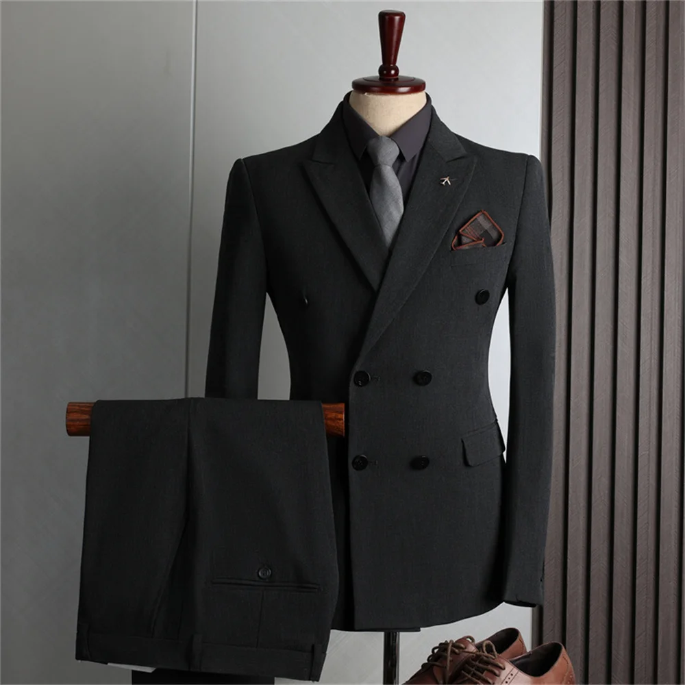 Double row suit men\'s formal wear business casual fashion Korean version slim-fit large size banquet wedding small suit man