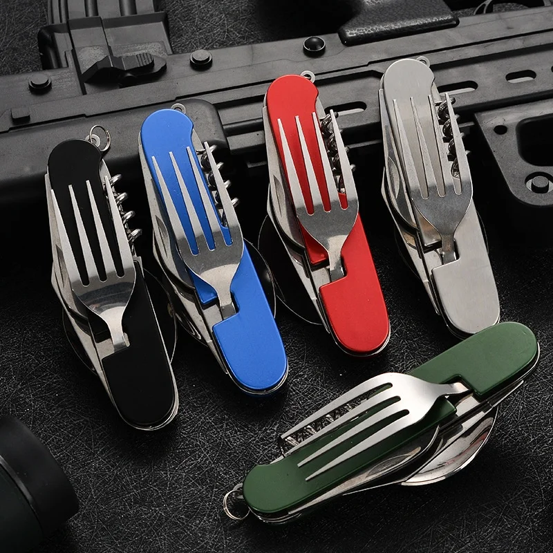 4 in 1 Folding Tableware Detachable Camping Utensils Stainless Steel Knife Fork Spoon Opener Portable Outdoor Travel Cutlery