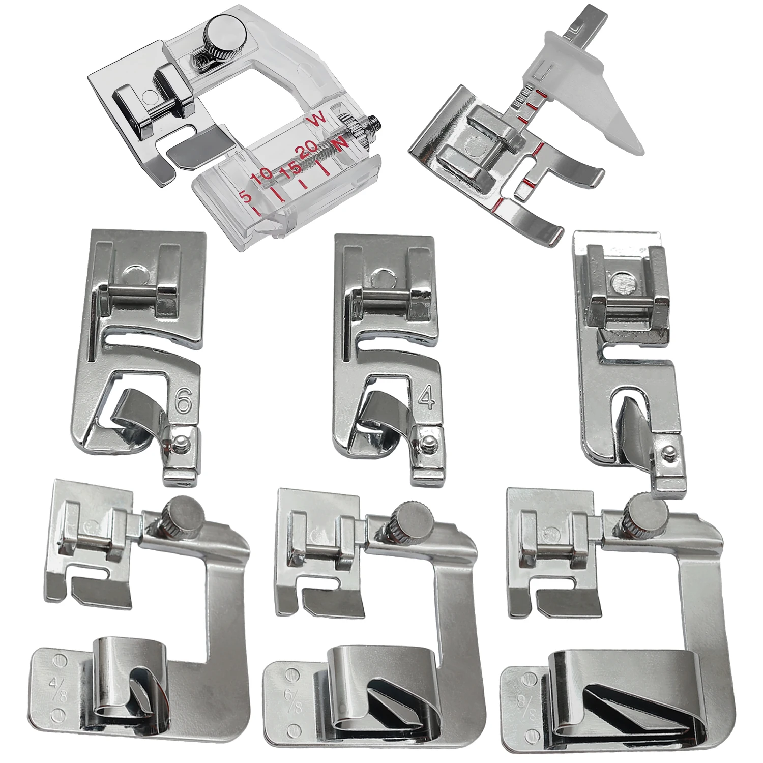 8Pcs Sewing Machine Presser Foot Set with 3Pcs Wide/Narrow Rolled Hem Feet, Zig Zag Foot, Bias Binder,Sewing Machine Accessories
