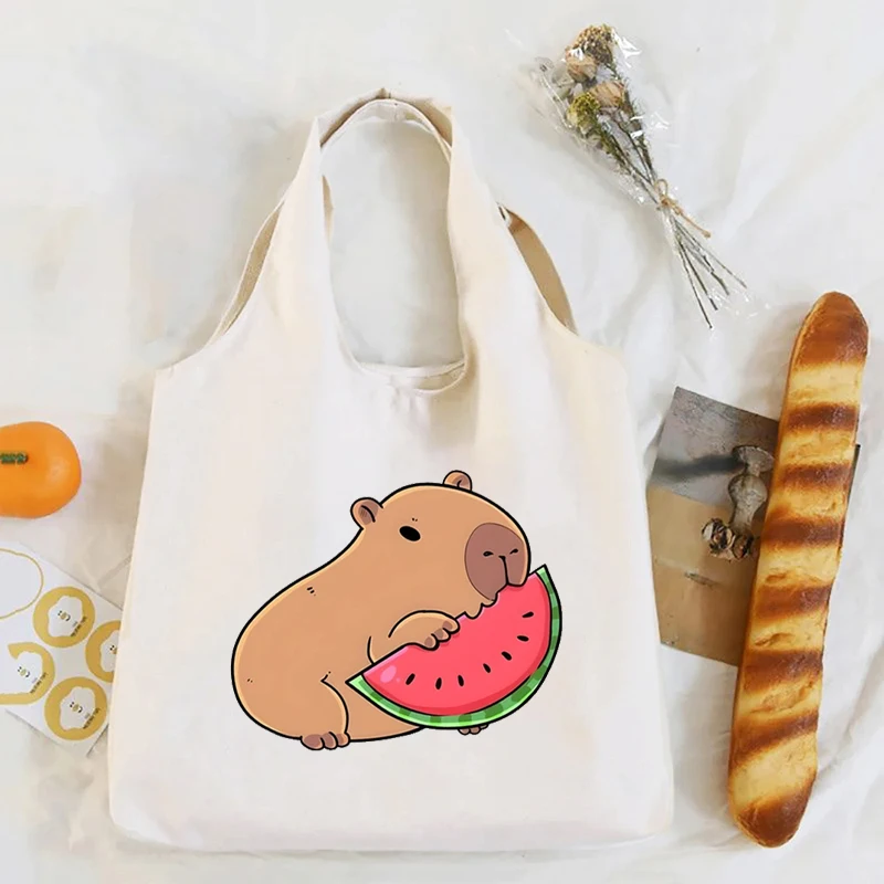 Cartoon Capybara Print White Canvas Tote Bag Organizer Women\'s Kawaii Eco Friendly Shopping HandBag Capybaras Cute Shoulder Bags