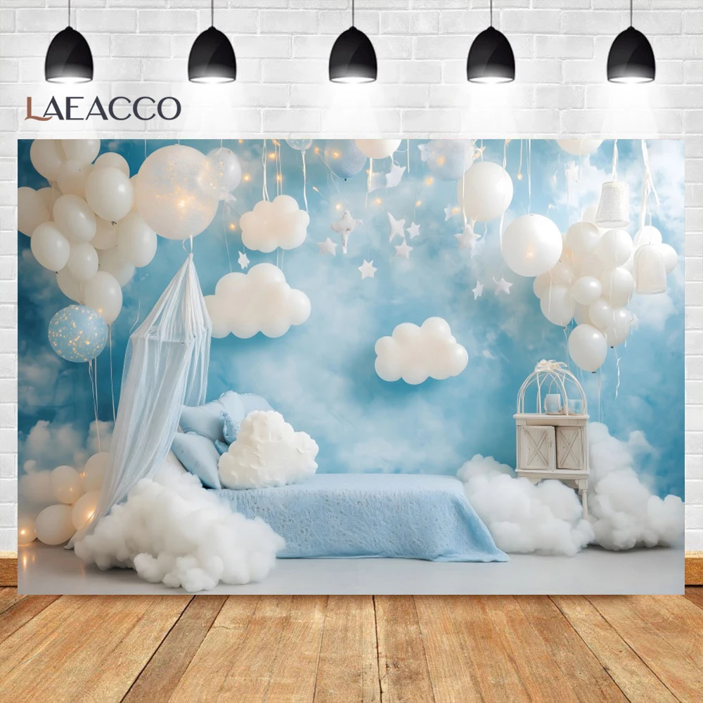 Fond de photographie bleu pour réception-cadeau pour bébé, nuages blancs, ballons étoiles, décorations d'anniversaire pour enfant, stand Photo, Portrait, arrière-plan pour Photo