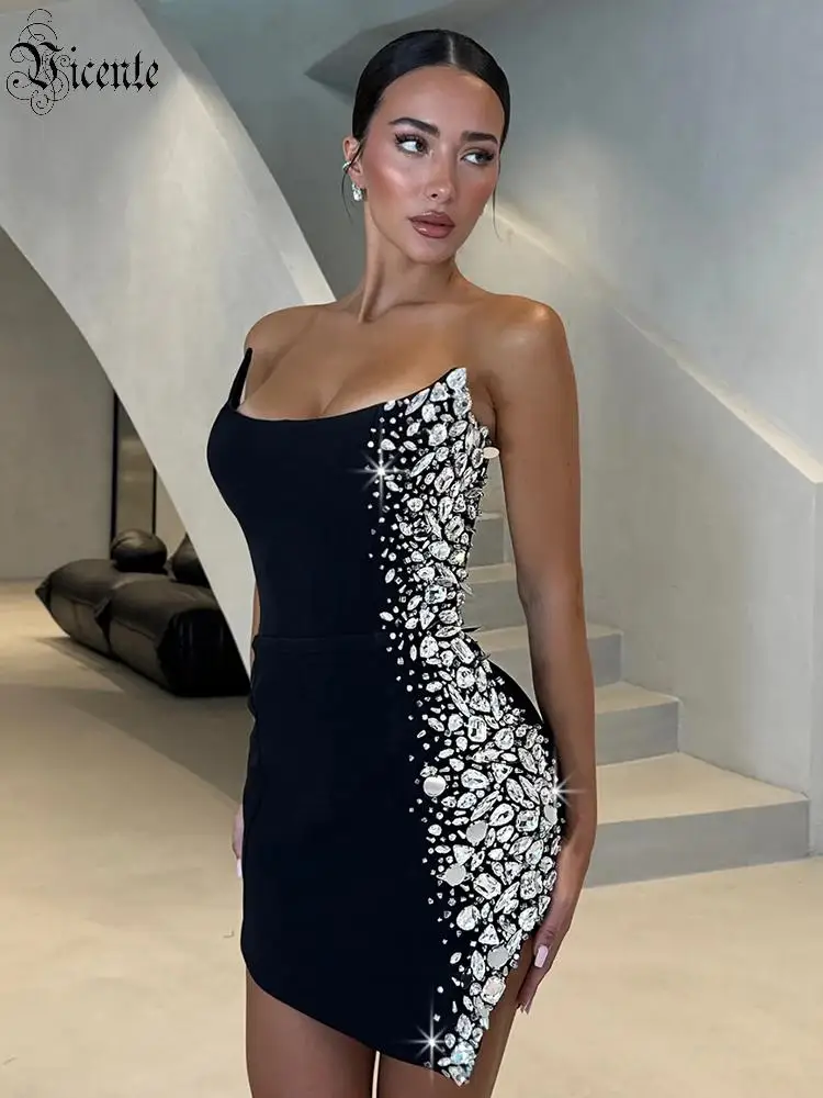 

VC Luxury Crystal Embellished Black Mini Dress for Women – Asymmetric Bodycon Cocktail Dress Elegant Evening Club Outfit
