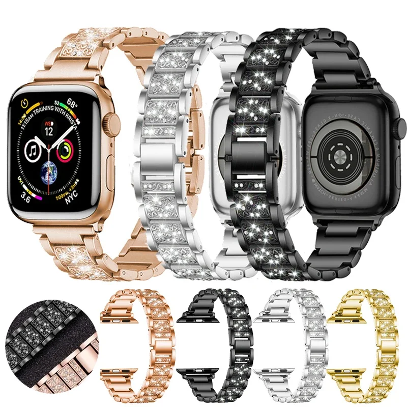 النساء الماس حزام ل سوار ساعة يد آبل 46 مللي متر 45 مللي متر 44 مللي متر 40 مللي متر 41 مللي متر الفولاذ المقاوم للصدأ سوار معدني iWatch Ultra2 49 مللي متر SE 7 8 9 10
