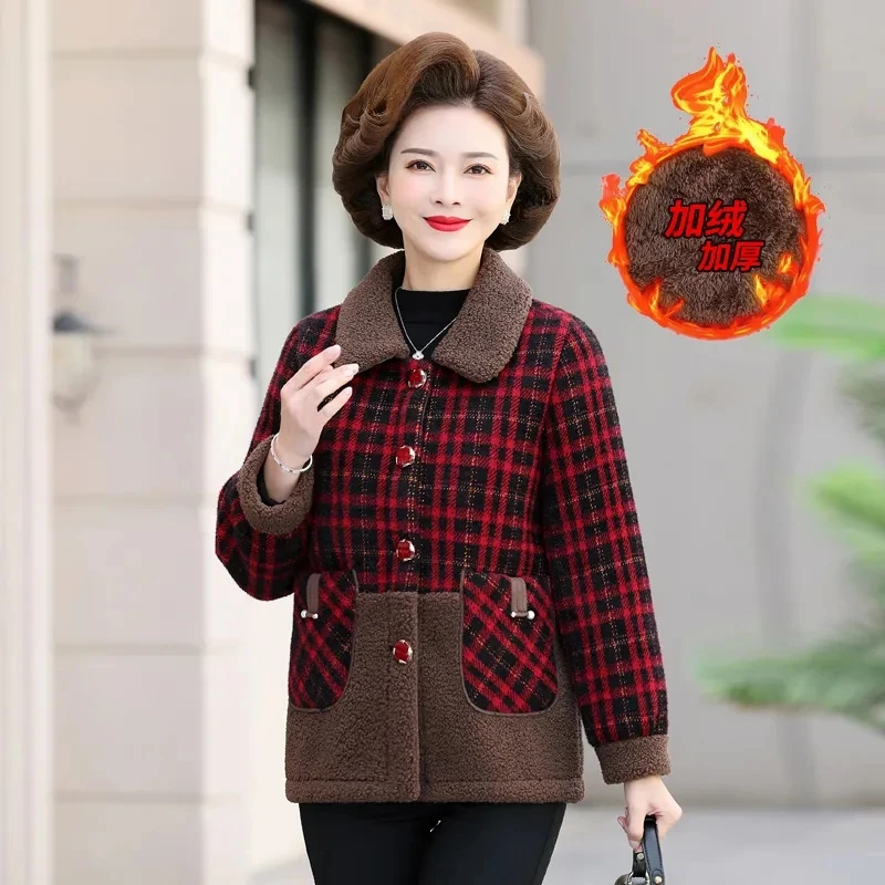 Mother Winter Jacket Thicken Warm Overcoat New Middle-aged Elderly Women Cotton Padded Parkas Lamb Wool Plaid Coat Outerwear