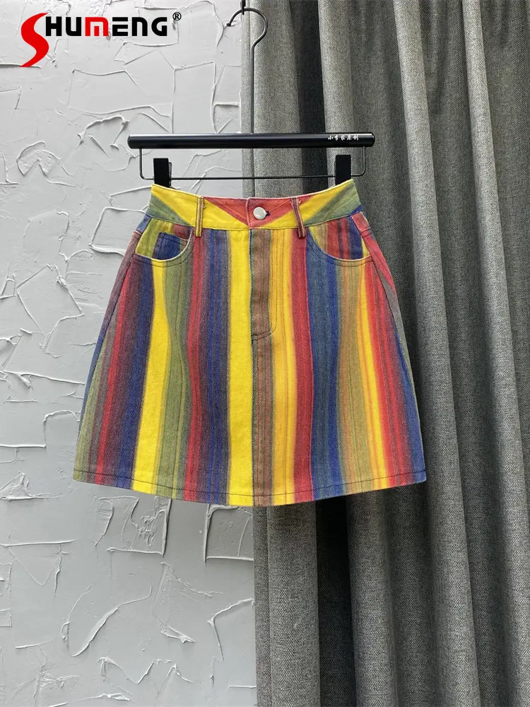 Cool Contrast Color Rainbow Striped Denim Skirt Women High Waist Hip A- Line Mini Skirt Hot Girls Faldas 2023 New Summer Skirts