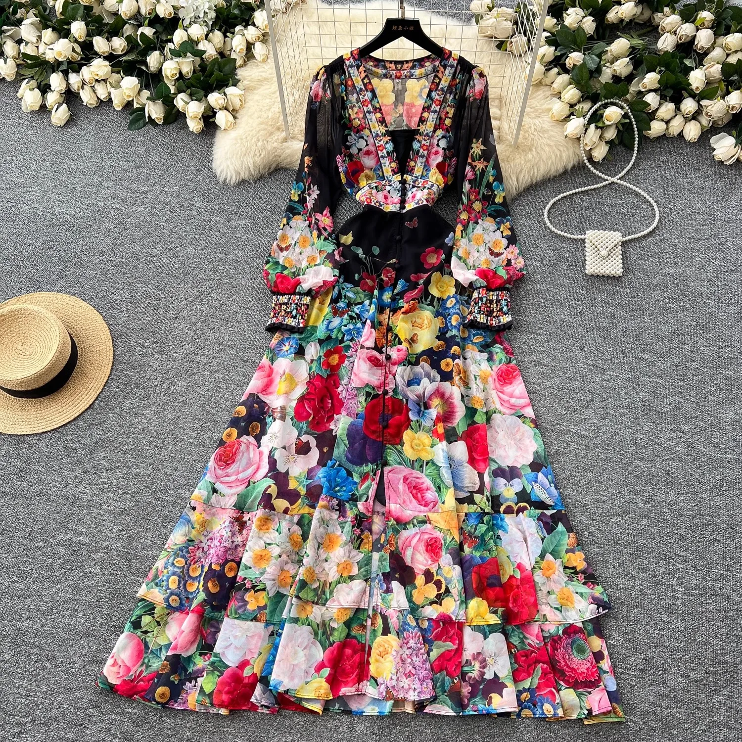 Moda lindo flor chiffon maxi babados vestido feminino sexy decote em v profundo manga longa lanterna floral impressão boho robe vestidos