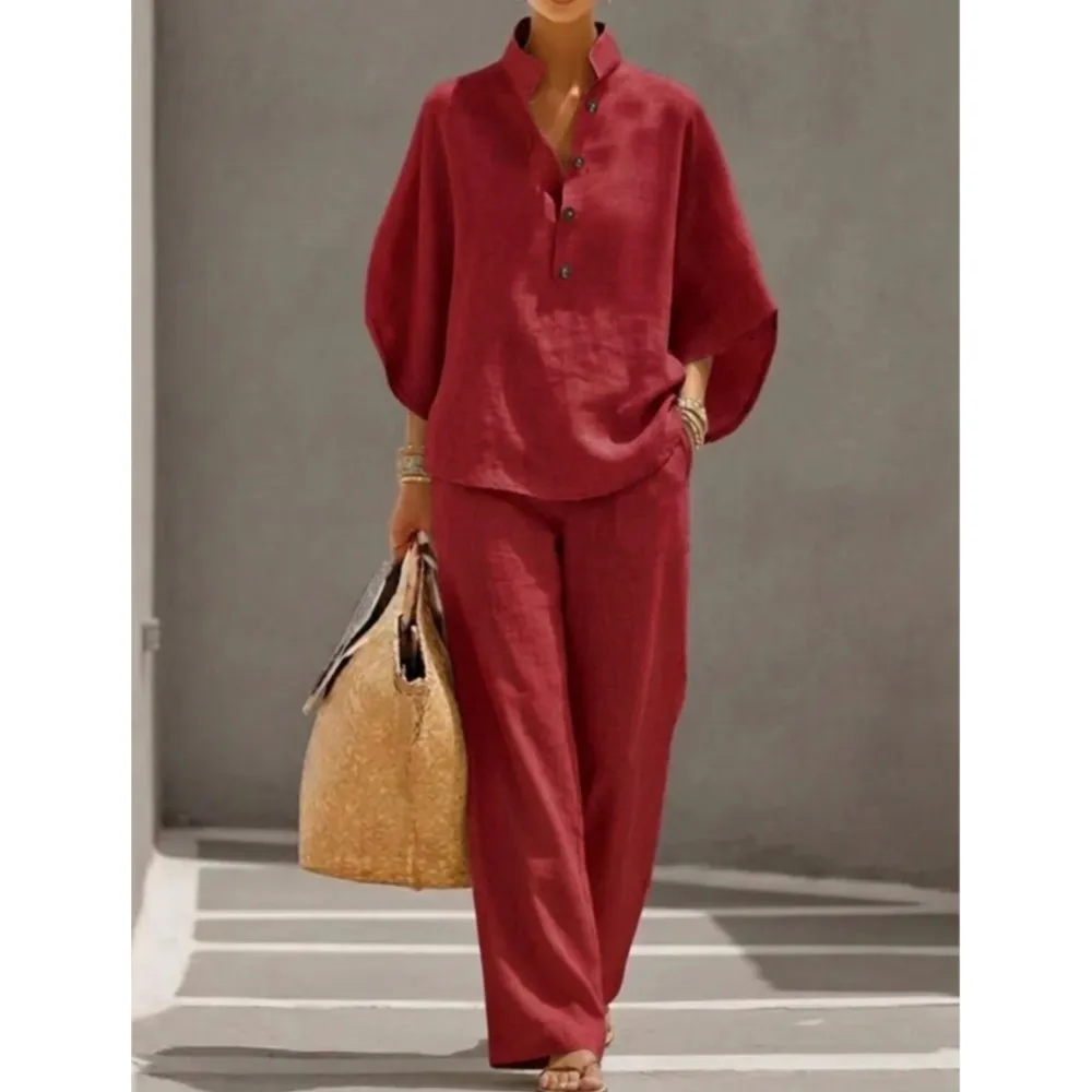 Fashion Cotton Linen Button Stand Collar 9 Quarter Sleeves Loose Women's 2-piece Suit Spring Casual Wide Leg Pants Suit Female image 5