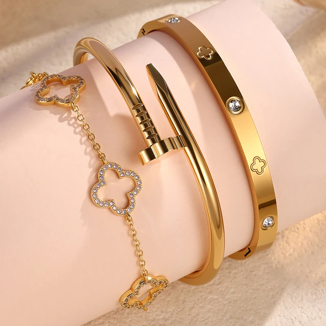 Stainless Steel Gold Plated Four-Leaf Flower Nails Stacked Bracelet Bangles Shiny Zircon Couple Jewelry Gift