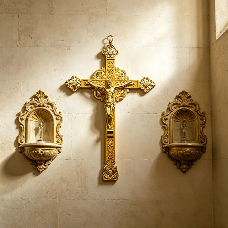 

Luxury Gold Plated Filigree Wall Crucifix Cross with Jesus Corpus for Catholic Christian Home Altar Prayer Decor Gift