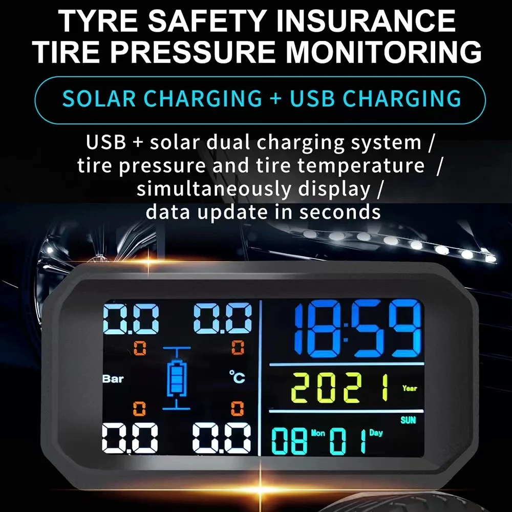 T13 Solar Power TPMS Car Tire Pressure Monitoring System Alarm Tyre Air Pressure meter Gauge Temperature Warning With 4 Sensors