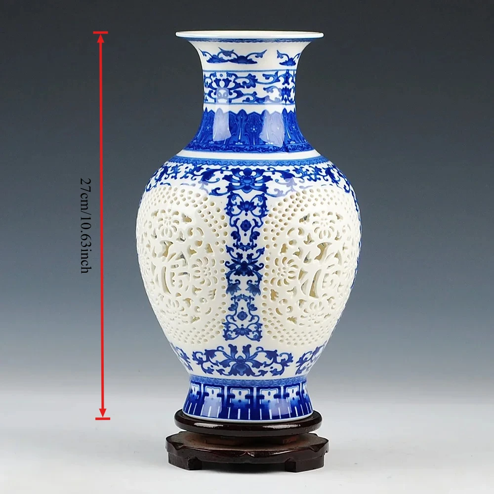 Jingdezhen Hollow Pierced Blue White Porcelain Vase, Fu Pattern Chinese Handicraft, Living Room Table Decor Ornament Gift