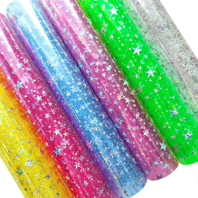 Ranbow Star Jelly Clear PVC Fabric Faux Leather Vinyl Film for Sewing Bag Bow Earrings DIY Material 0.3MM Leatherette 30*135CM