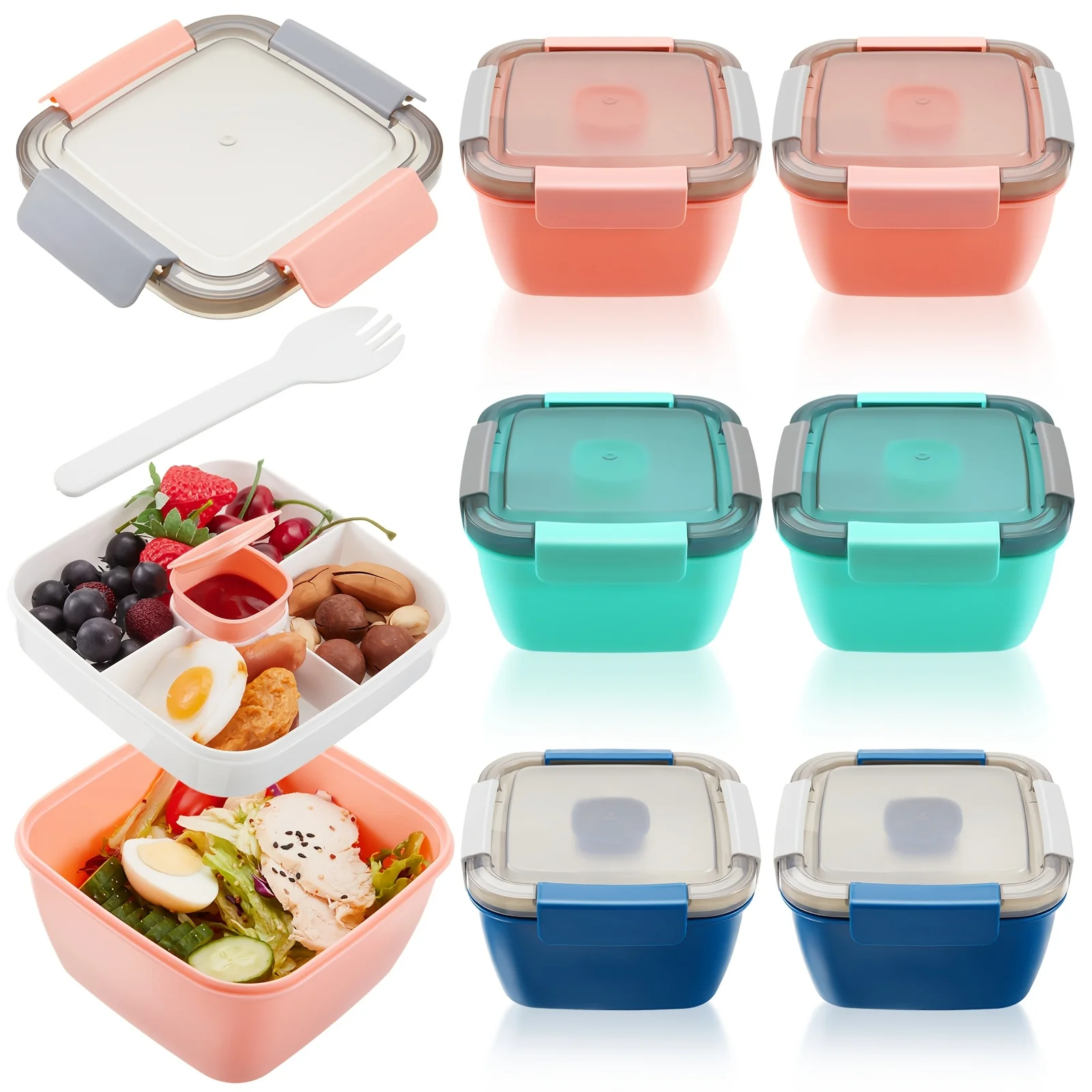 

6pcs 3-Section Bento Box Lunch Containers with Dressing Cup - Stackable Reusable Plastic Lunch Boxes for Adults, 50oz Meal for,, Picnic - Salad, Snack, Fruit Dividers, Space-Saving