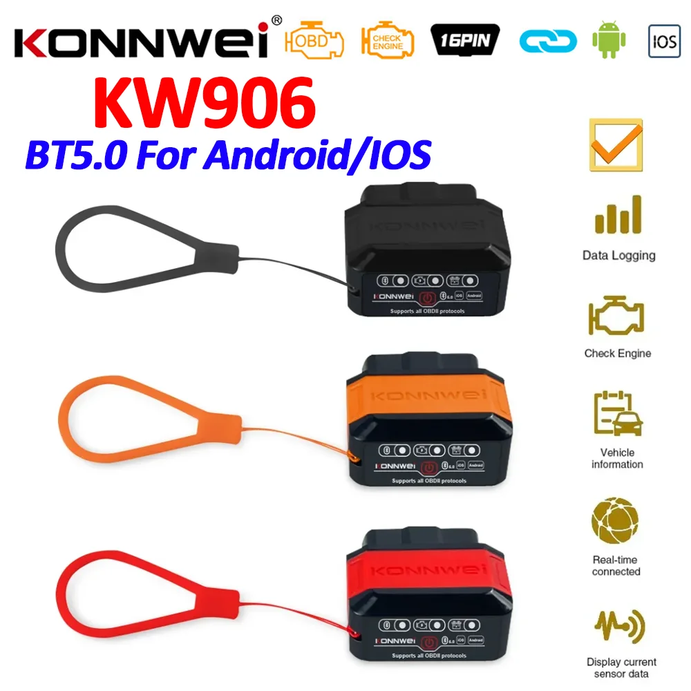 KONNWEI KW906 ELM327 V1.5 Pic18F25K80 OBD2 Scanners Bluetooth 5.0 For Android/IOS ELM 327 OBD 2 Car Diagnostic tool Code Reader