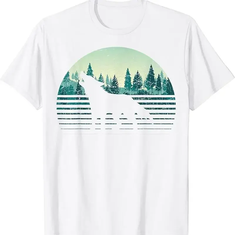 

Wolf Howling Forest Sunset Retro Vintage Graphic T Shirt Men Outdoors Trip