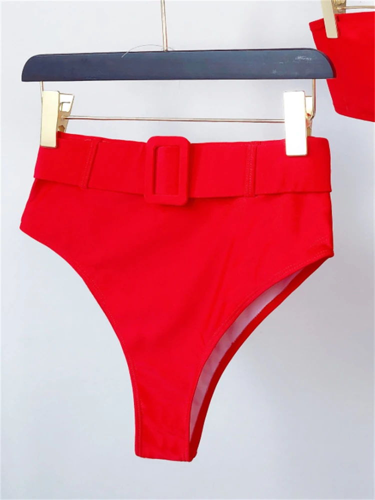 Bikini Bandeau rojo de cintura alta para mujer, traje de baño de dos piezas, ropa de playa, 2024