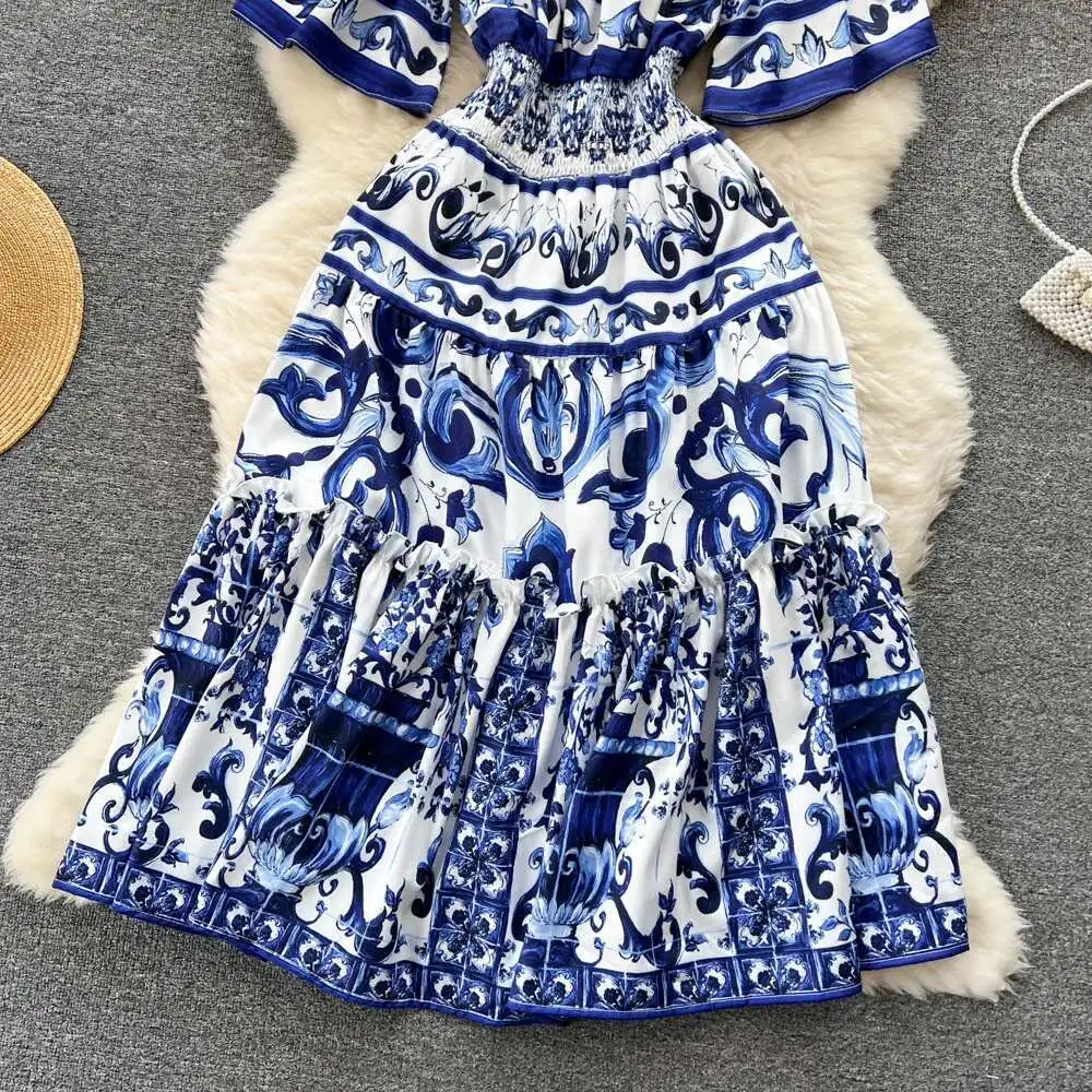 فستان متوسط الطول بطباعة المدرج للنساء عباد الشمس ، قطع الكتفين ، رقبة مائلة ، طباعة زهور ، فستان صيفي طويل للعطلات ، الصيف ،