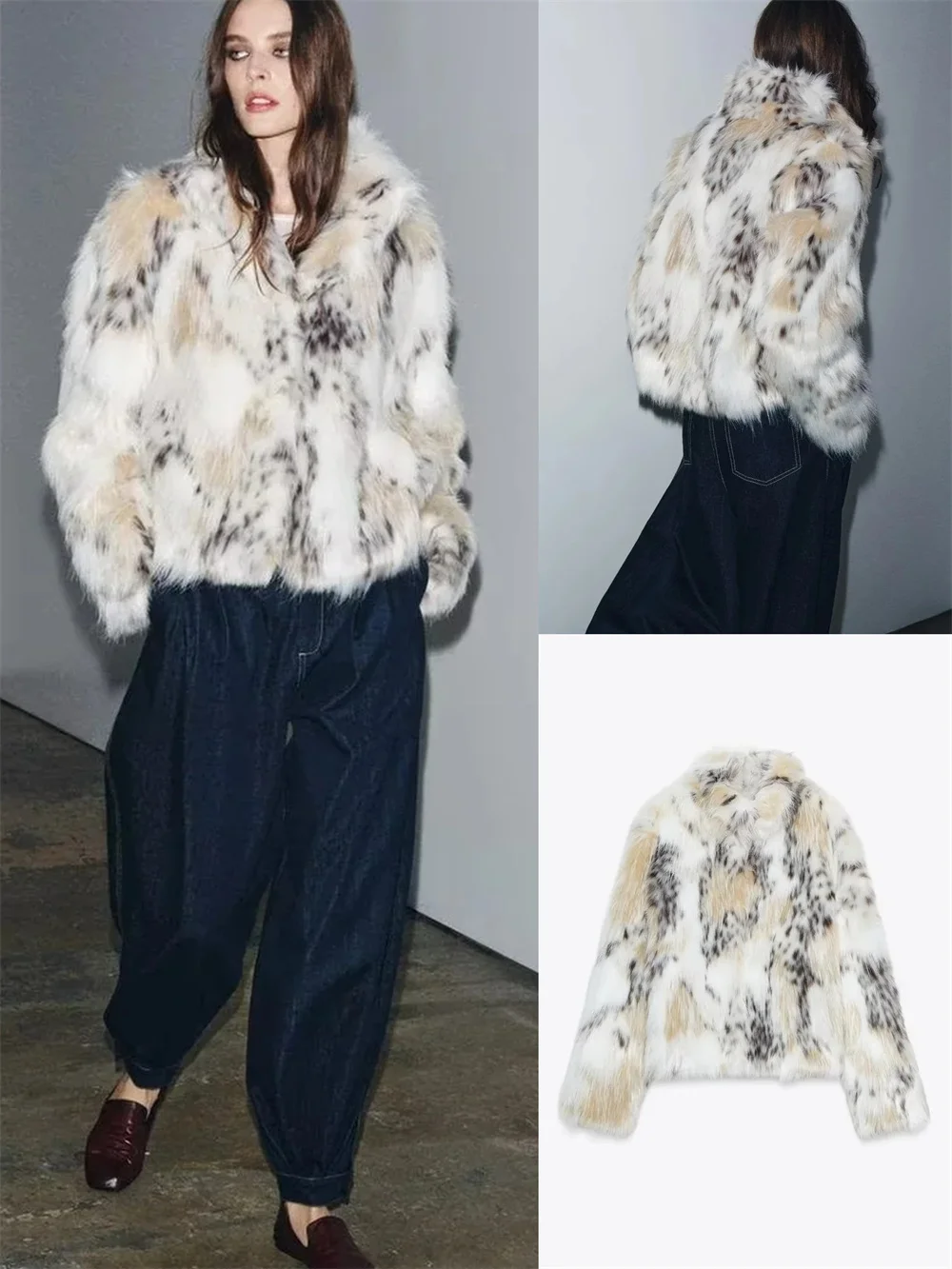 Nuevo Otoño Faion sensación de gama alta abrigo de mujer efecto piel Artificial estampado de leopardo de nieve largo Sve Stand Collar Jaet