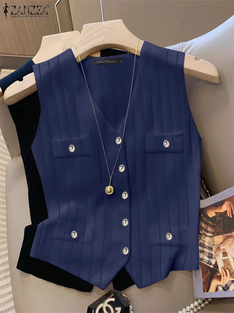 ZANZEA French Elegant V-Neck Vest 2024 Summer Ice Silk Knitted Waistcoat Women's New Chic Button Slim Sleeveless Commuting Tops