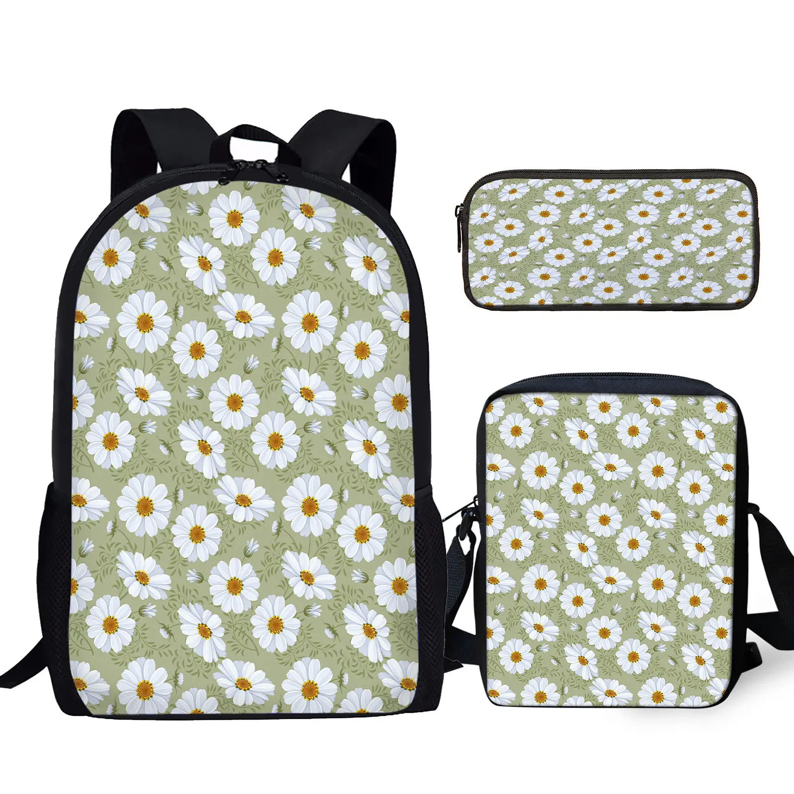 

3Pcs Fresh Small Daisy Print School Bag Set with Lunch Bag Pencil Bag Teenager Boys Girls Student To School Casual Backpacks