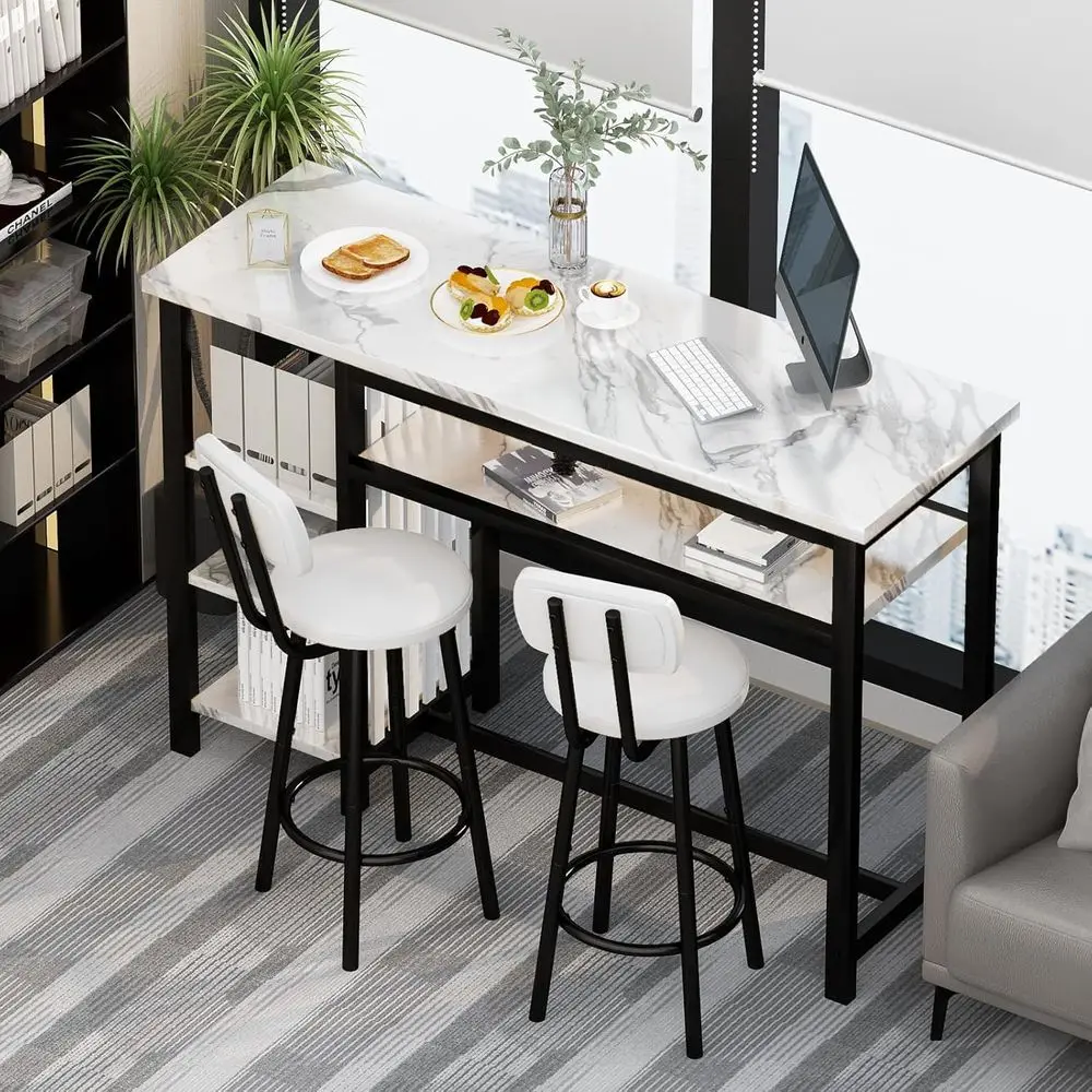 Ensemble de table de bar moderne 3 pièces en faux marbre blanc avec cadre noir et 2 tabourets de bar rembourrés, comprenant des étagères de rangement à 3 niveaux pour