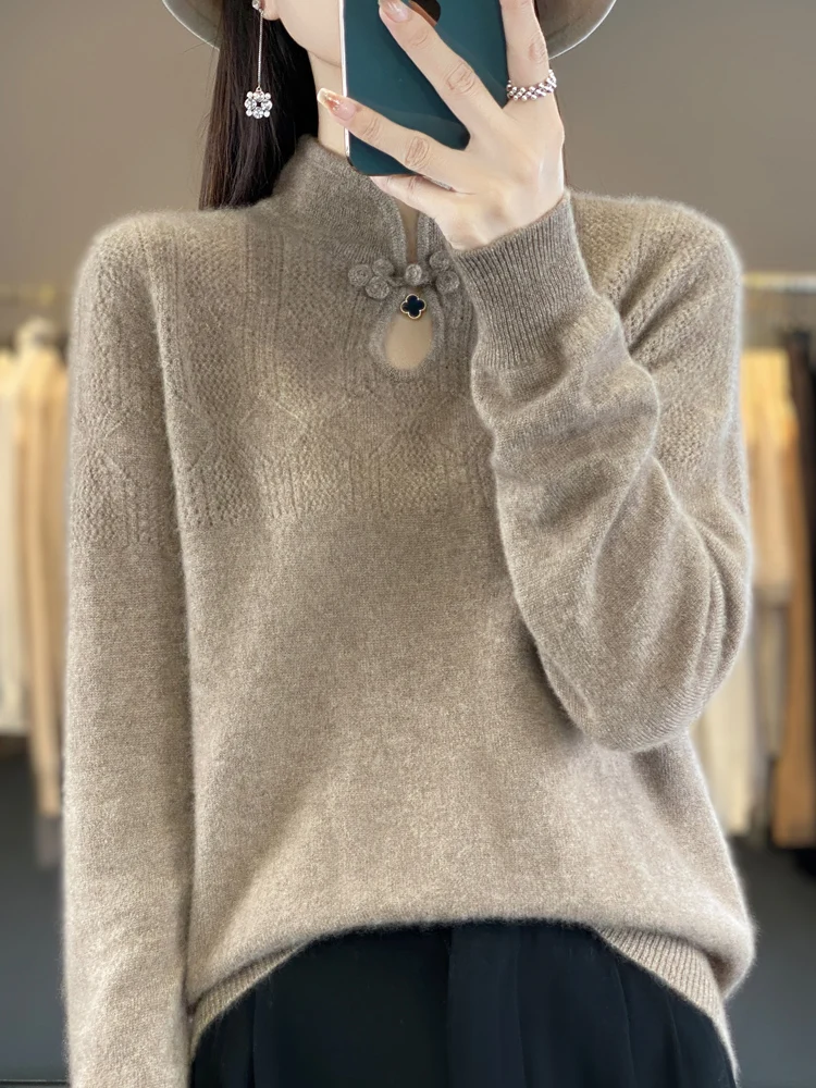 

2024 Women Merino Wool Sweater Autumn Winter Chinese Frog Half High Collar Thick Pullover Knitwear Casual Cashmere Clothing