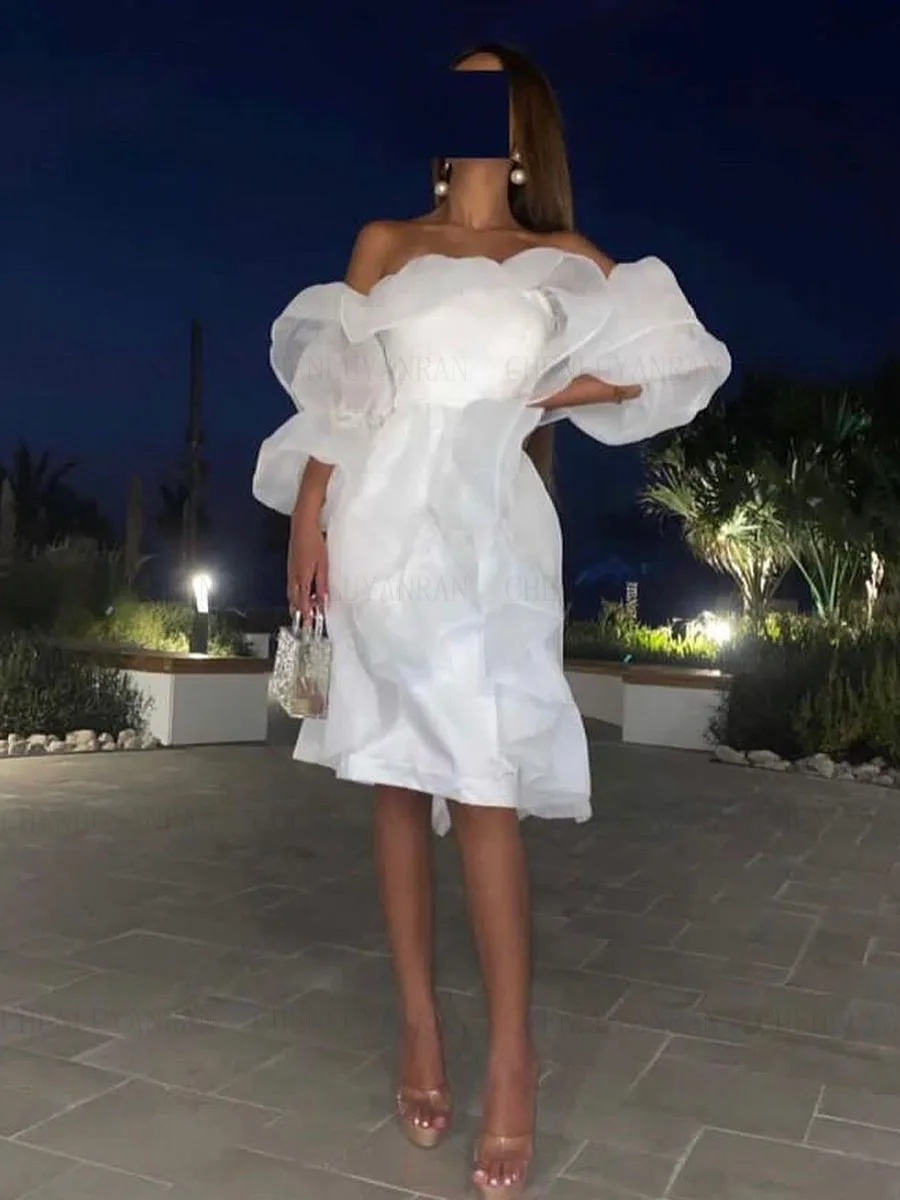 Ivory Organza Formal Occasion Dresses 2023 Off-The-Shoulder Short Party Dress Knee-Length A-Line Cocktail Party فساتين السهرة