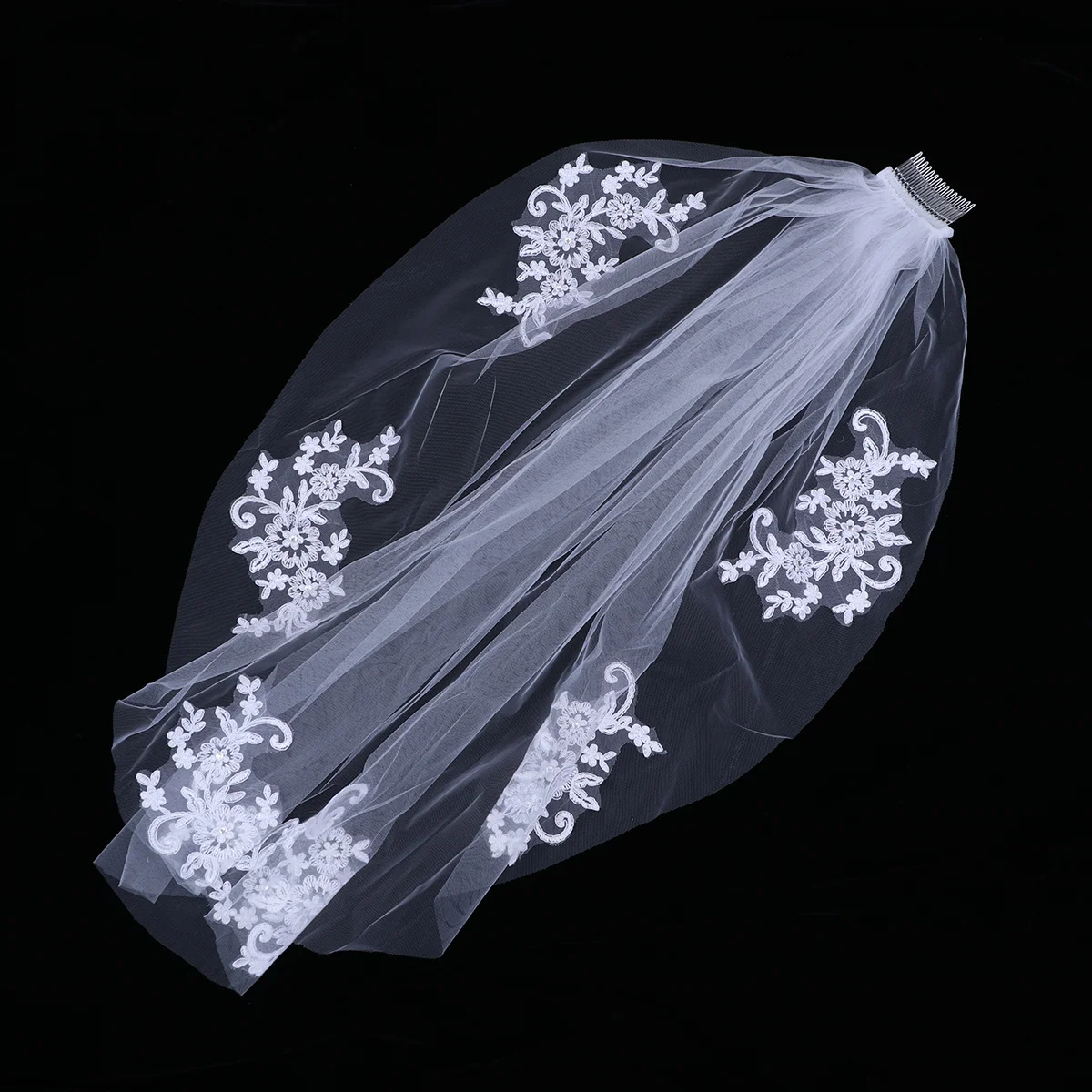 

Crystal Beaded Short Bridal Veil Elegant Lace Appliques Wedding Veil for Bride Waist Length Easy Attach Comb Bridal Veils