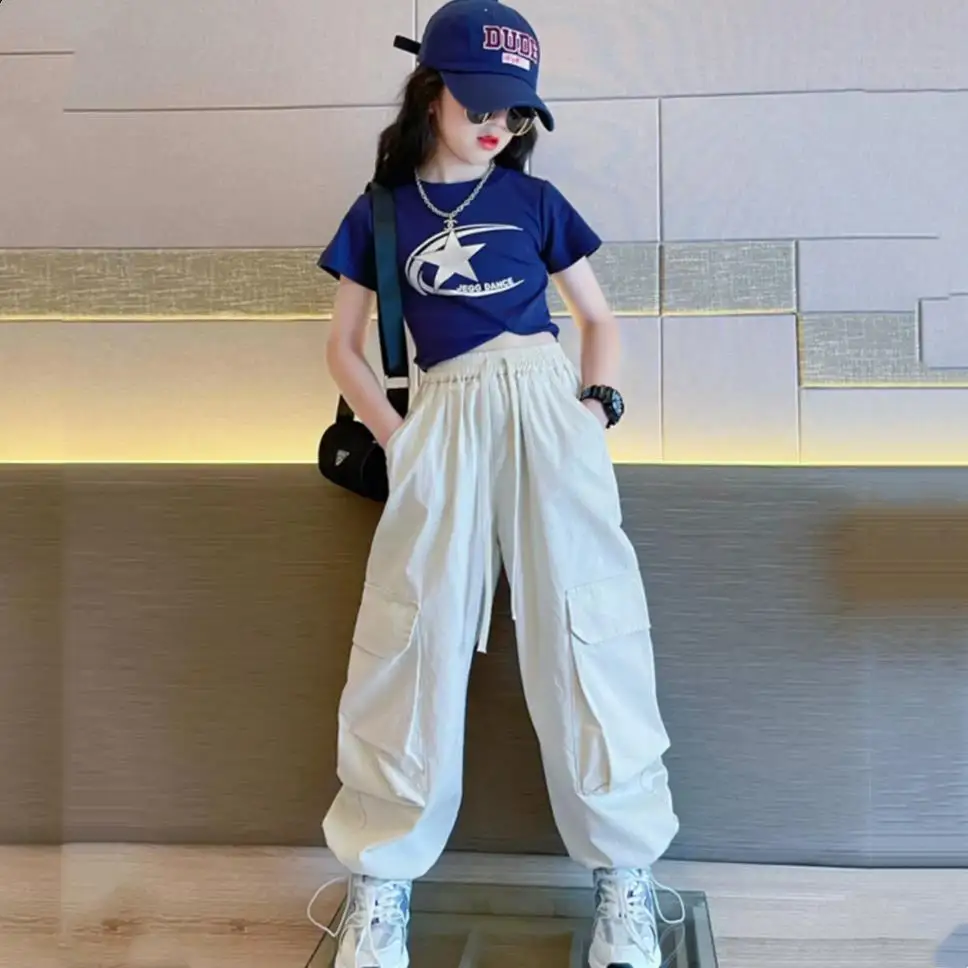 Girls suit summer 2025 new children's foreign children's clothing older children's summer Internet celebrity hip-hop  overalls