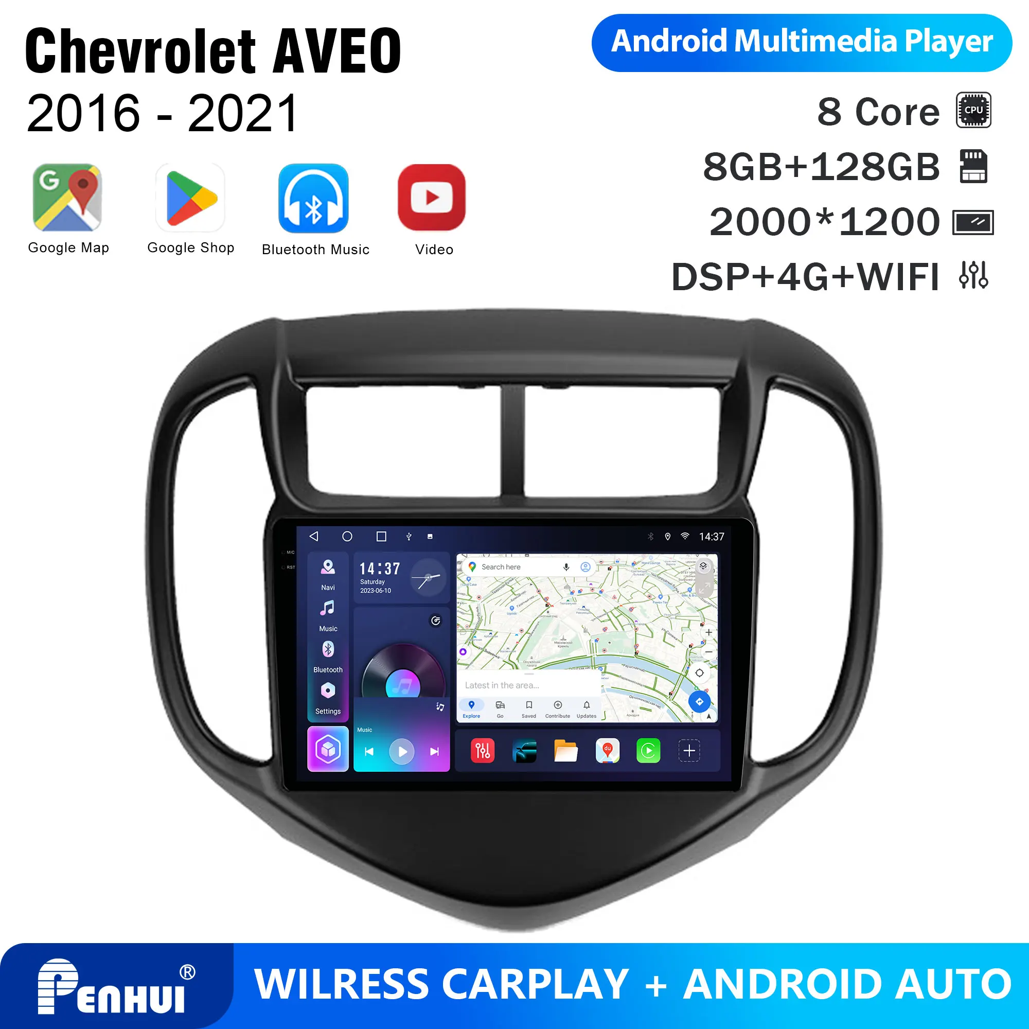 Penhui Android Car DVD Player 2 Din for Chevrolet Aveo 2016 - 2021 Multimedia Screen with DSP, Bluetooth, Audio & CarPlay