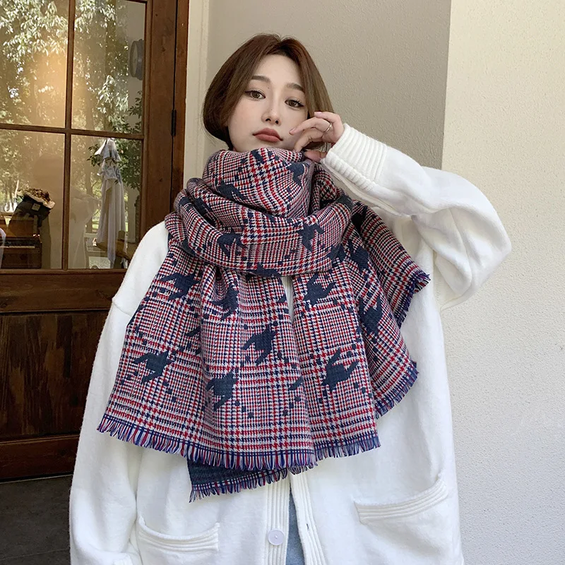 Fashion Brand Cashmere Scarf Women Winter Autumn Houndstooth Plaid Long Pashmina Cold Day Double-sided Tassel Thick Shawl Ladies