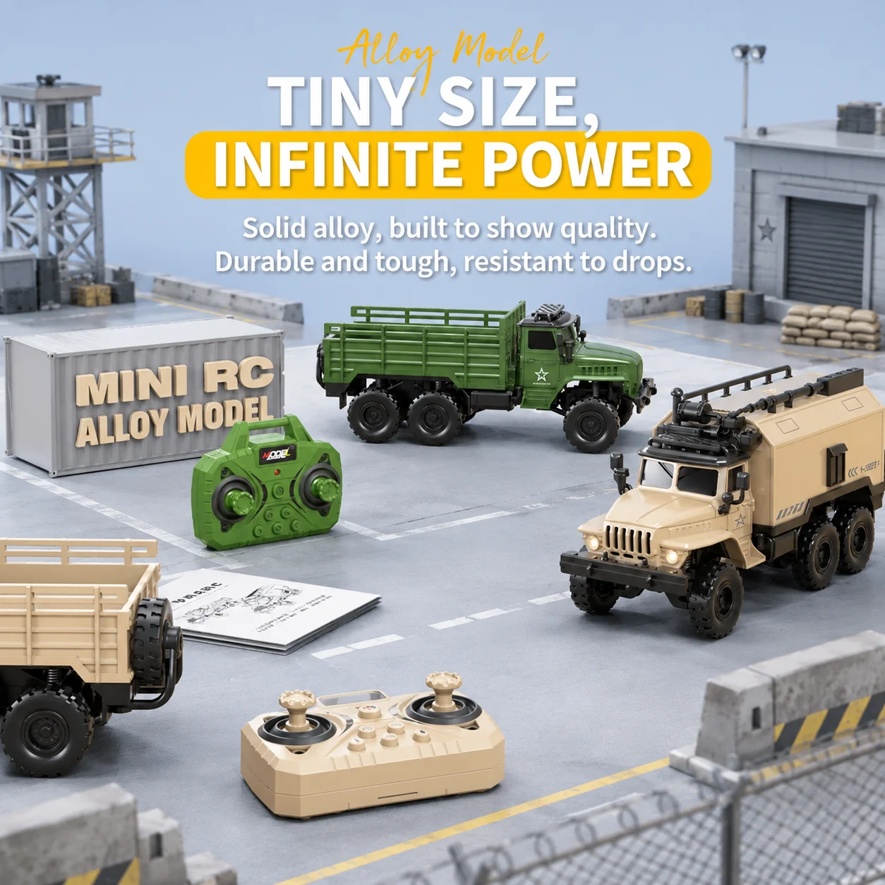 1:64 Alloy RC Military Truck 2.4GHz Mini 6-Wheel 4WD Transport Vehicle Type-C Rechargeable Remote Control Desktop Model