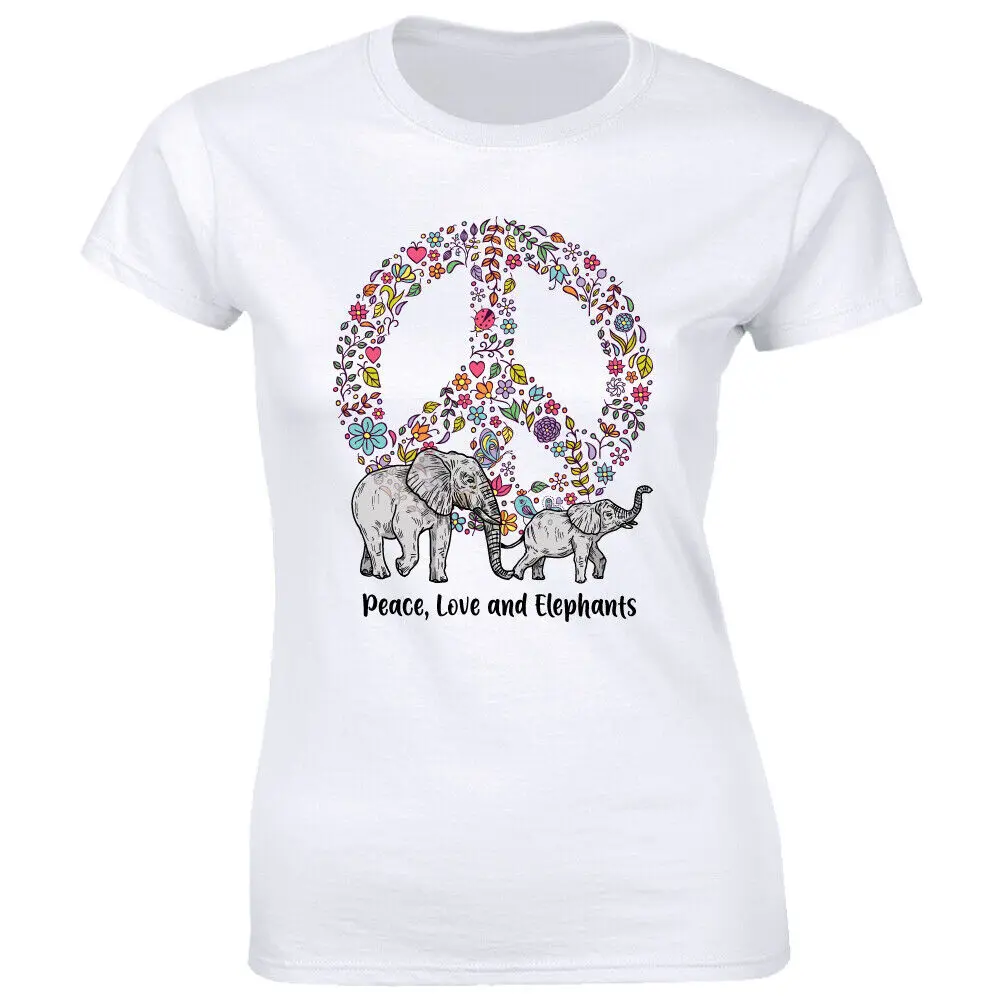 Peace Love and Elephants with Floral Sign T-Shirt for Women Animal Lover Tee